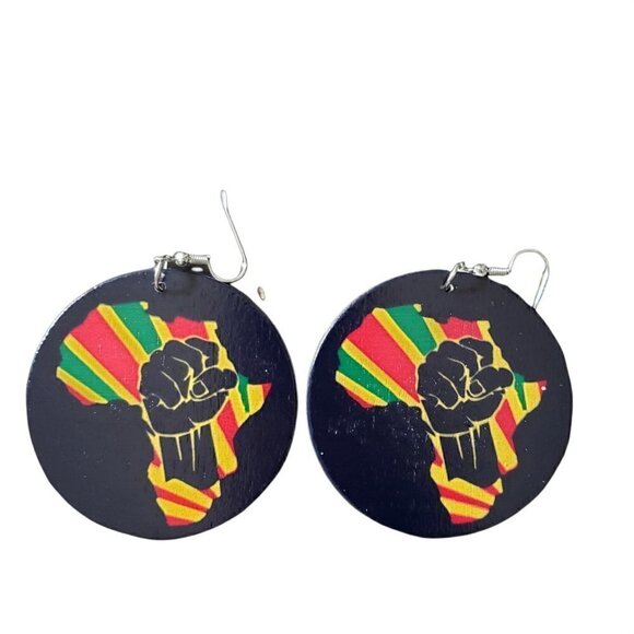 Womens Wood Painted Power Fist African American Round Retro French Hook Earrings - Picture 2 of 4